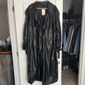 SHEIN Black Faux Leather Long Trench Coat